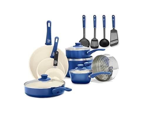 GreenLife 16 Piece Nonstick Cookware Set, Soft Grip Non-Toxic PFAS-Free Ceramic Pots & Pans, Dishwasher & Oven Safe, Frying, Sauce, Saute, Utensils, Glass Lids, Stay-Cool Handles, Wobble Free, Blue