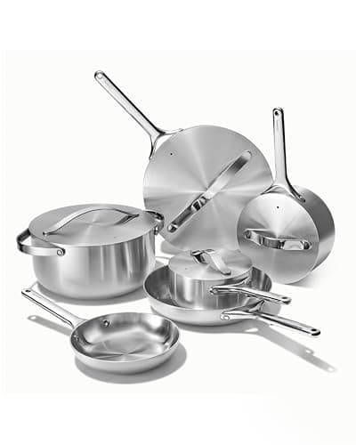 Caraway Stainless Steel Deluxe Cookware Set (16 Piece) - 5-Ply Stainless Steel Pots, Frying Pans, Lids and Kitchen Storage - Non Toxic, PTFE & PFOA Free