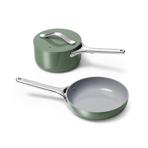 Caraway Mini Cookware Set - Non-Stick Ceramic Fry Pan (1.05 qt, 8") Sauce Pan (1.75 qt) & Storage Rack - Non Toxic, PTFE & PFOA Free - Oven Safe & Stovetop Agnostic (Gas, Electric & Induction) - Sage