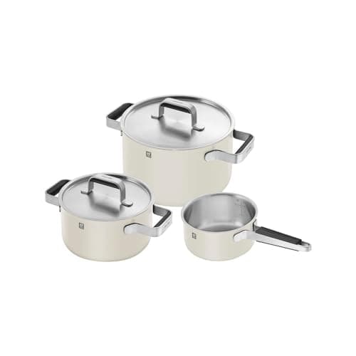 ZWILLING Pure Cookware 3-Ply Stainless Steel Cookware Set, Colored Ceramic Exterior Coating, Stay-Cool Handles, Dishwasher Safe (White