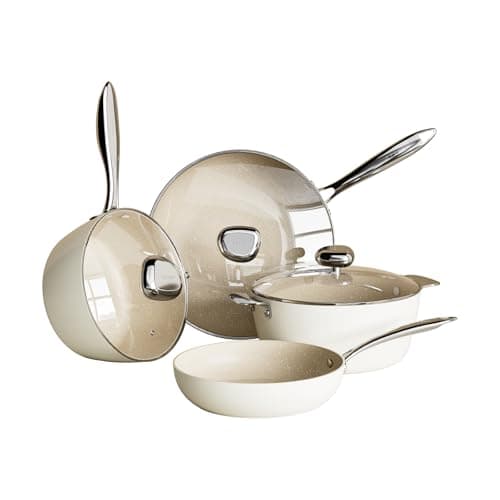 Non Stick Ceramic Cookware Set, Velosan Pebble Series Pots and Pans Set Non-toxic White Induction Cookware, with Frying Pan Saucepan Dutch Oven Wok, PFAS PTFE PFOA PFOS Free, Cream