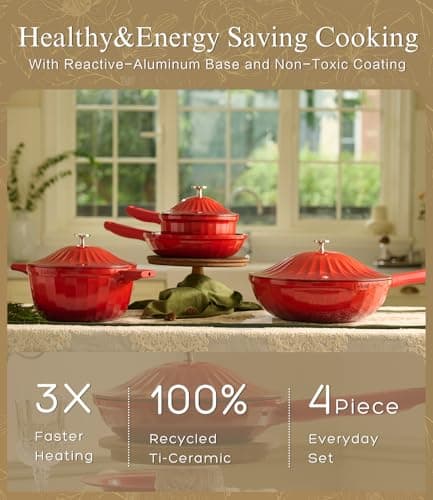 Nonstick Ceramic Cookware Set (7 Piece)–Titanium Non Toxic Pots and Pans Set with Lids, PFAS-Free Compatible with All Stovetops–Merlot Velvet