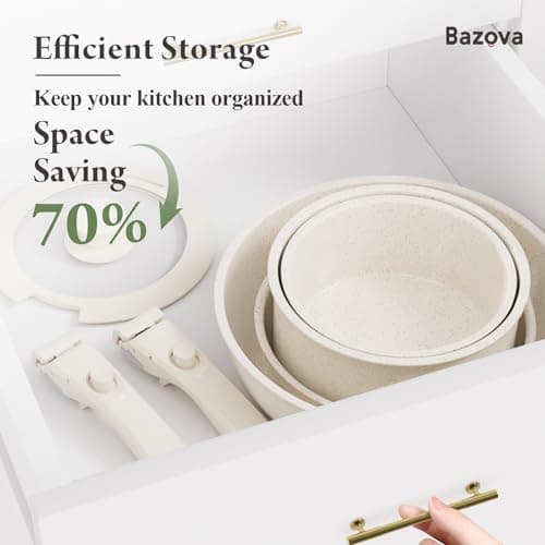 Ceramic Nonstick Cookware Set, Healthy,Non Toxic,17-Pieces Pots and Pans Set Removable Handles,Induction RV Kitchen Set,Stain & Scratch-resistant,Dishwasher/Oven Safe,PFAS/PFOA Free,Cream White