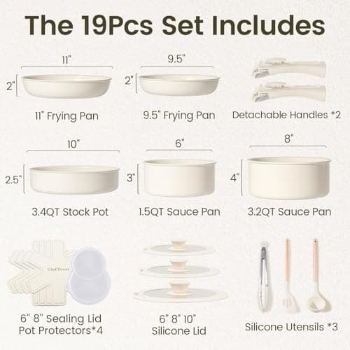Chef Power Ceramic Cookware Set Non Toxic with Detachable Handles, Healthy Nonstick Pans and Pots Set 19 Pcs, Induction Dishwasher Oven Safe Kitchen Set, PFAS PFOA & PTFE Free, Cream White