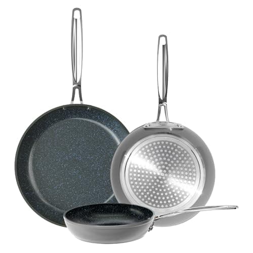Nuwave 3-Piece 8”, 10”, 12” Forged Lightweight Frying Pan Set, G10 Healthy Duralon Blue Ceramic Ultra Non-Stick, Ergonomic Stay-Cool Handles, Induction-Ready & Works on All Cooktops