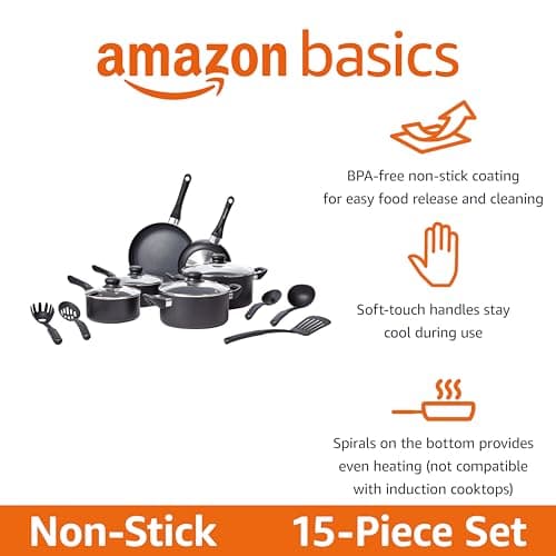 Amazon Basics Non Stick Kitchen Cookware 15-Piece Set, Non-Induction, Includes Pots, Pans, and Utensils, Black
