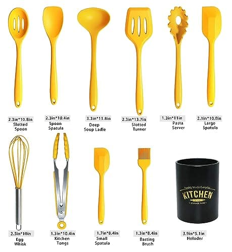 11Pcs Silicone Cooking Utensils Set - Heat Resistant Kitchen Tools, Spatula, Turner, Tongs, Spoon, Whisk, BPA Free, Dishwasher Safe, Nonstick Cookware Utensils (Yellow)