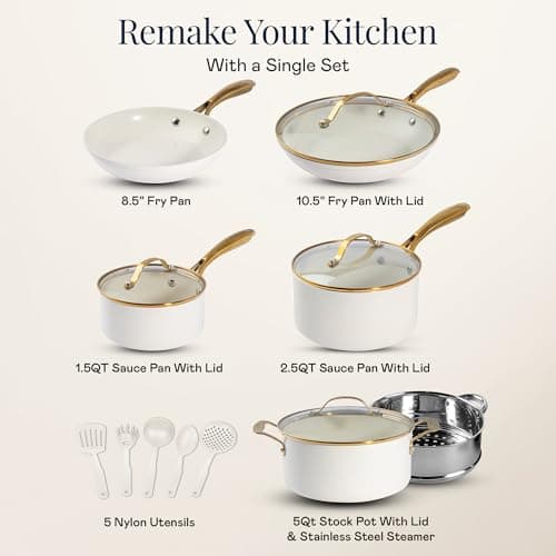 Gotham Steel 15 Pc Ceramic Cookware Set, Ceramic Pots and Pans Set Non Stick with Cooking Utensils and Steamer, Non Toxic PFOA PFOS Free, Premium Gold Stay Cool Handles, Oven & Dishwasher Safe