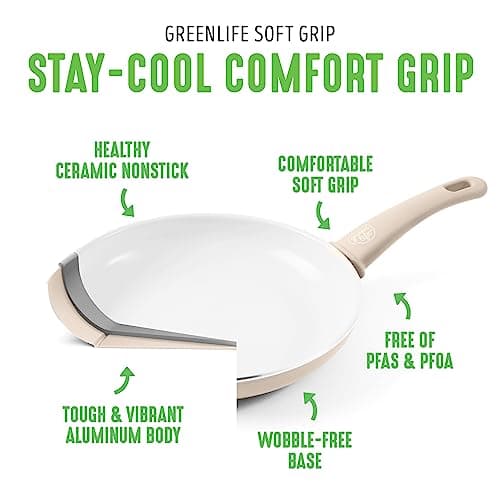 GreenLife 16 Piece Nonstick Cookware Set, Soft Grip Non-Toxic PFAS-Free Ceramic Pots & Pans, Dishwasher & Oven Safe, Frying, Sauce, Saute, Utensils, Glass Lids, Stay-Cool Handles, Wobble Free, Taupe