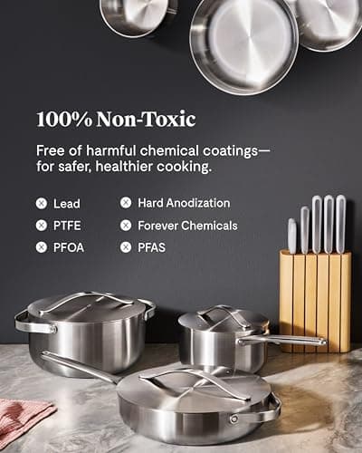 Caraway Stainless Steel Deluxe Cookware Set (16 Piece) - 5-Ply Stainless Steel Pots, Frying Pans, Lids and Kitchen Storage - Non Toxic, PTFE & PFOA Free