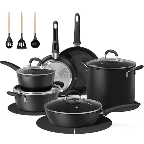 18 Pcs Pots and Pans Set Non Stick with 12-Quart Stock Pot, Nonstick Kitchen Cookware Sets with Utensils, Large Capacity Ceramic Cookware Set, PTFE/PFAS/PFOA Free, Black