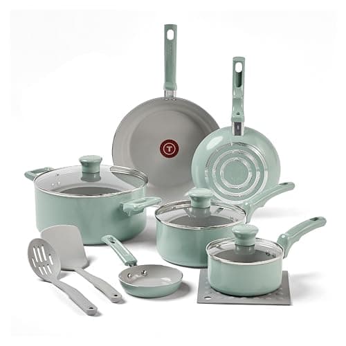 T-Fal Refresh Ceramic Nonstick Cookware Set, 12-Piece, Made without PFOA and PTFE, Oven and Broiler Safe up to 350°F, Includes Stockpot, Griddle, Frying Pans, and Utensils, Pots and Pans, Mint Green