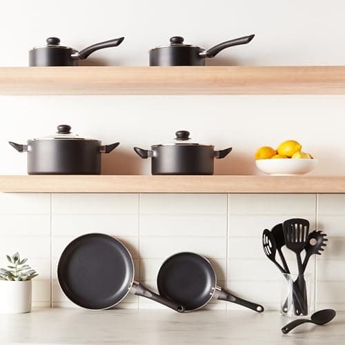 Amazon Basics Non Stick Kitchen Cookware 15-Piece Set, Non-Induction, Includes Pots, Pans, and Utensils, Black