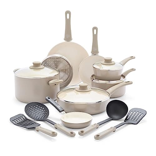 GreenLife 16 Piece Nonstick Cookware Set, Soft Grip Non-Toxic PFAS-Free Ceramic Pots & Pans, Dishwasher & Oven Safe, Frying, Sauce, Saute, Utensils, Glass Lids, Stay-Cool Handles, Wobble Free, Taupe