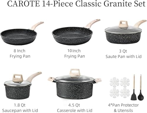 CAROTE 14Pcs Pots and Pans Set Non Stick, Cookware Sets Induction Cookware Granite Cooking Set with Frying Pans, Saucepans, Saute Pan, Extra Large Casserole