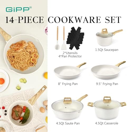 GiPP Pots and Pans Set Non Stick - 14 Pcs White Granite Kitchen Cookware Sets Nonstick Induction Cookware Cooking Pan Set with Frying Pans, Saucepans and Silicone Utensils, PFOS & PFOA Free