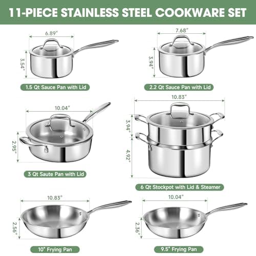 3 Ply Stainless Steel 11-Piece Cookware Set with Lids, Pots and Pans Kitchen Set, Non-Toxic, Induction, Oven, Dishwasher Safe, Professional Chef Quality