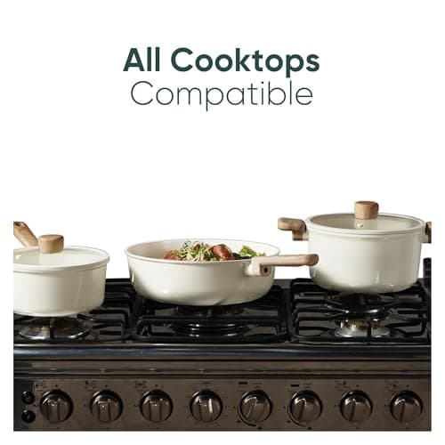 CAROTE 14Pcs Nonstick Ceramic Cookware Set, Non Toxic Cookware PFAS/PFOA Free, Cream White Pots and Pans Set Non Stick, Kitchen Cooking Pan Set, Large Capacity