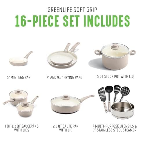 GreenLife 16 Piece Nonstick Cookware Set, Soft Grip Non-Toxic PFAS-Free Ceramic Pots & Pans, Dishwasher & Oven Safe, Frying, Sauce, Saute, Utensils, Glass Lids, Stay-Cool Handles, Wobble Free, Taupe