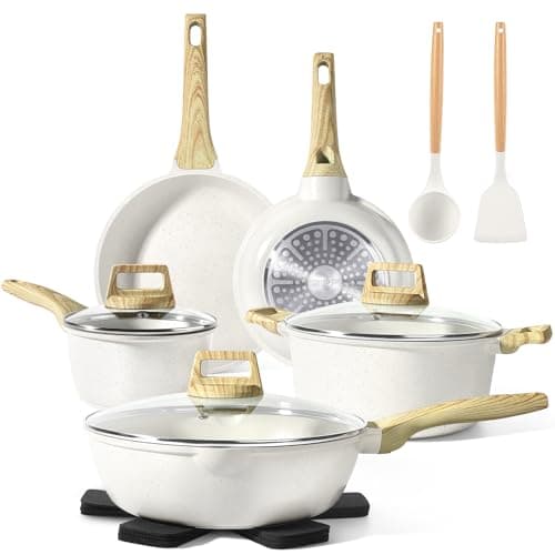 GiPP Pots and Pans Set Non Stick - 14 Pcs White Granite Kitchen Cookware Sets Nonstick Induction Cookware Cooking Pan Set with Frying Pans, Saucepans and Silicone Utensils, PFOS & PFOA Free