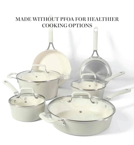 Martha Stewart Heathland Premium Nonstick PFA Free Ceramic Interior 10-Piece Tapered Aluminum Cookware Set - Linen White