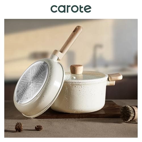 CAROTE 14Pcs Nonstick Ceramic Cookware Set, Non Toxic Cookware PFAS/PFOA Free, Cream White Pots and Pans Set Non Stick, Kitchen Cooking Pan Set, Large Capacity