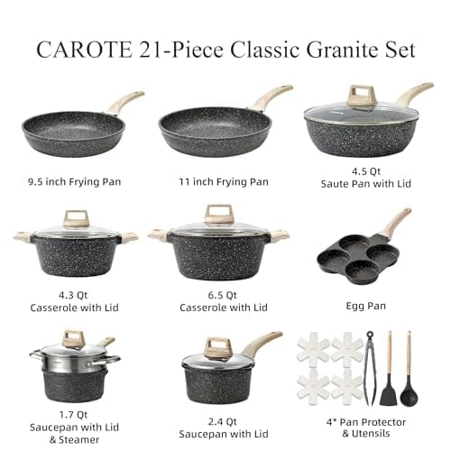 CAROTE 21pcs Pots and Pans Set Nonstick, Cookware Set Black Granite Induction Kitchen Cooking Set w/Frying Pans & Saucepans(PFOS, PFOA Free)