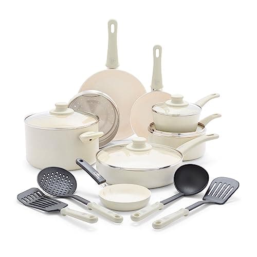 GreenLife Soft Grip 16 Piece Cookware Set, Non-Toxic PFAS-Free Ceramic Nonstick, Frying, Sauce, Saute, Utensils, Glass Lids, Stay-Cool Handles, Wobble Free, Dishwasher & Oven Safe, Cream