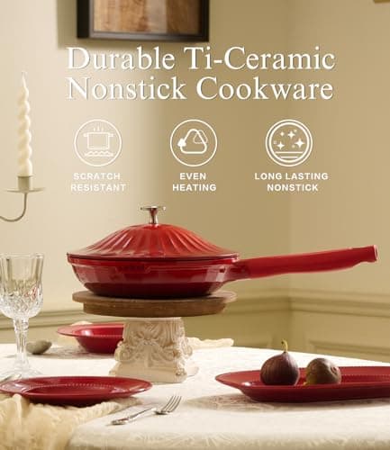 Nonstick Ceramic Cookware Set (7 Piece)–Titanium Non Toxic Pots and Pans Set with Lids, PFAS-Free Compatible with All Stovetops–Merlot Velvet