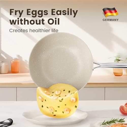 Non Stick Ceramic Cookware Set, Velosan Pebble Series Pots and Pans Set Non-toxic White Induction Cookware, with Frying Pan Saucepan Dutch Oven Wok, PFAS PTFE PFOA PFOS Free, Cream