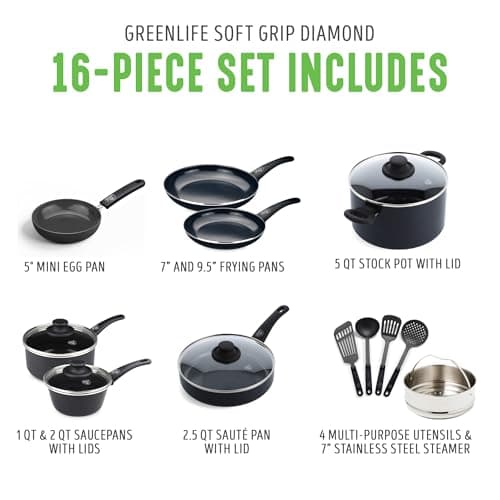 GreenLife 16 Piece Nonstick Cookware Set, Soft Grip Non-Toxic PFAS-Free Ceramic Pots & Pans, Dishwasher & Oven Safe, Frying, Sauce, Saute, Utensils, Glass Lids, Stay-Cool Handles, Wobble Free, Black