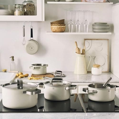 ZWILLING Pure Cookware 3-Ply Stainless Steel Cookware Set, Colored Ceramic Exterior Coating, Stay-Cool Handles, Dishwasher Safe (White