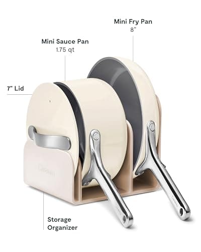 Caraway Mini Cookware Set - Non-Stick Ceramic Fry Pan (1.05 qt, 8") Sauce Pan (1.75 qt) & Storage Rack - Non Toxic, PTFE & PFOA Free - Oven Safe & Stovetop Agnostic (Gas, Electric & Induction) - Cream