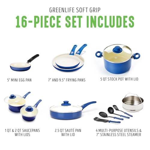 GreenLife 16 Piece Nonstick Cookware Set, Soft Grip Non-Toxic PFAS-Free Ceramic Pots & Pans, Dishwasher & Oven Safe, Frying, Sauce, Saute, Utensils, Glass Lids, Stay-Cool Handles, Wobble Free, Blue