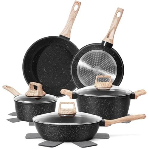 12 Pcs Pots and Pans Set Non stick, Cookware Sets Black Granite Induction Cookware, Non-toxic Healthy Nonstick Kitchen Cooking Set with Frying Pans Set, Saucepans (PFAS/PFOA/PFOS Free)