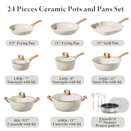 24 Pcs Pots and Pans Set Non Stick Ceramic Cookware Set,Healthy Non Toxic Kitchen Cookware Sets with Large Capacity,Induction Compatible,PFAS/PTFE/PFOA/PFOS Free,Cream White