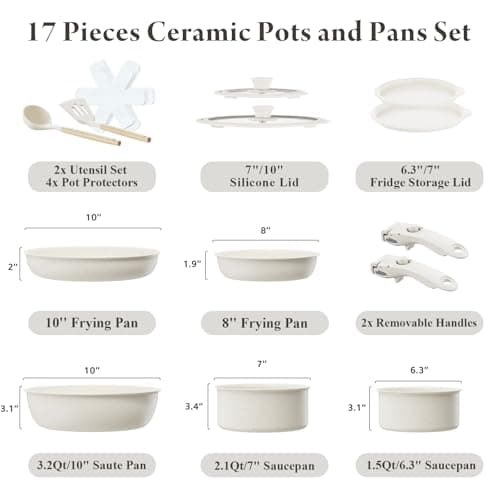 Ceramic Nonstick Cookware Set, Healthy,Non Toxic,17-Pieces Pots and Pans Set Removable Handles,Induction RV Kitchen Set,Stain & Scratch-resistant,Dishwasher/Oven Safe,PFAS/PFOA Free,Cream White