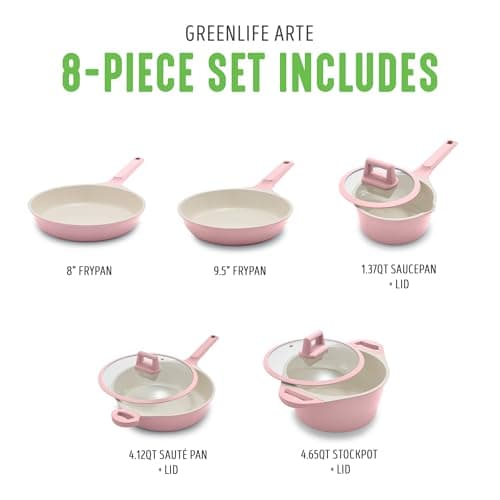 GreenLife 8 Piece Ceramic Nonstick Cookware Set, Induction Suitable Non Toxic PFAS-Free Pots & Pans, Dishwasher Safe, Cooking Set, Stock Pot, Saucepans & Frying Pans, Kitchen Cooking, Light Pink