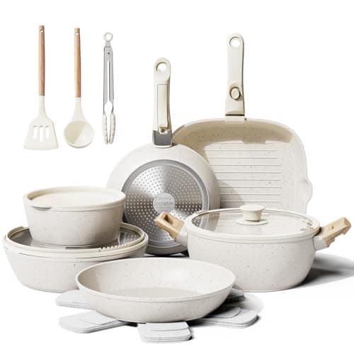 19 Pcs Pots and Pans Set Non Stick Ceramic Cookware Set with Removable Handles, Non Toxic Induction Kitchen Cookware Sets RV Cookware,Dishwasher/Oven Safe PFAS/PTFE/PFOA Free Cream White