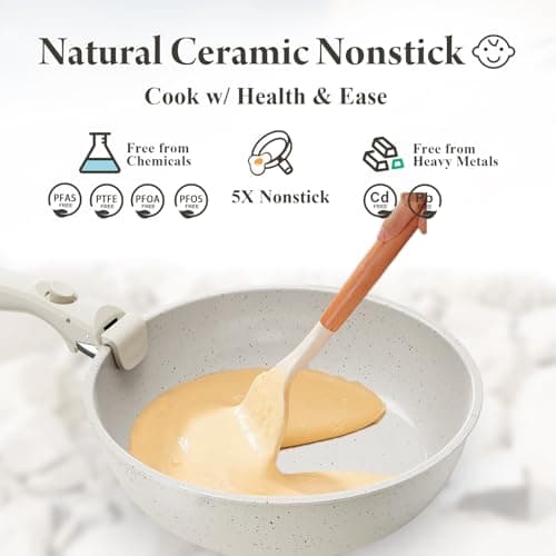 Ceramic Nonstick Cookware Set, Healthy,Non Toxic,17-Pieces Pots and Pans Set Removable Handles,Induction RV Kitchen Set,Stain & Scratch-resistant,Dishwasher/Oven Safe,PFAS/PFOA Free,Cream White