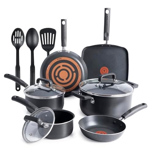 T-fal Signature Nonstick Cookware Set 12 Piece, Oven Broiler Safe 350F, Pots and Pans, Kitchen Cooking Set w/Fry Pans, Saucepans, Saute Pan, Dutch Oven, Griddle, Kitchen, Home, Dishwasher Safe, Black