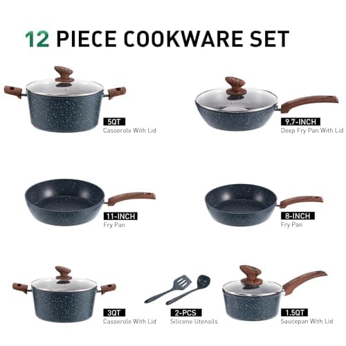 Kitchen Academy Pots and Pans Set Non Stick - 12 Piece Induction Kitchen Cookware Sets, Blue Granite Nonstick Cooking Pans Set