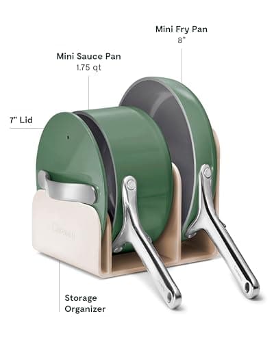 Caraway Mini Cookware Set - Non-Stick Ceramic Fry Pan (1.05 qt, 8") Sauce Pan (1.75 qt) & Storage Rack - Non Toxic, PTFE & PFOA Free - Oven Safe & Stovetop Agnostic (Gas, Electric & Induction) - Sage