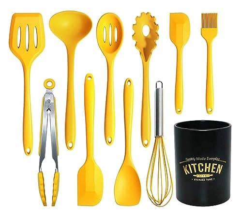11Pcs Silicone Cooking Utensils Set - Heat Resistant Kitchen Tools, Spatula, Turner, Tongs, Spoon, Whisk, BPA Free, Dishwasher Safe, Nonstick Cookware Utensils (Yellow)