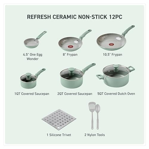 T-Fal Refresh Ceramic Nonstick Cookware Set, 12-Piece, Made without PFOA and PTFE, Oven and Broiler Safe up to 350°F, Includes Stockpot, Griddle, Frying Pans, and Utensils, Pots and Pans, Mint Green