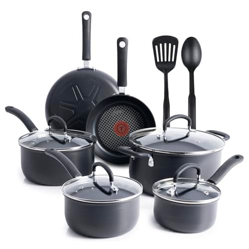 T-fal Ultimate Hard Anodized Nonstick Cookware Set 12 Piece, Oven Broiler Safe 400F, Lid Safe 350F, Kitchen Cooking Set w/Fry Pans, Saucepans, Dutch Oven, Pots and Pans, Dishwasher Safe, Black