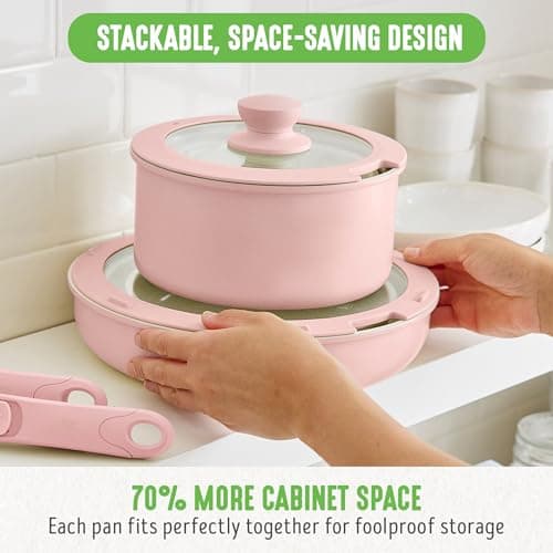 GreenLife 10 Piece Nonstick Pots & Pans Set, Detachable Handle & Stackable Cookware Set, Non Toxic PFAS-Free Skillets, Induction Kitchen Pans, Space Saving, Serving Bowls, Oven Safe, Light Pink