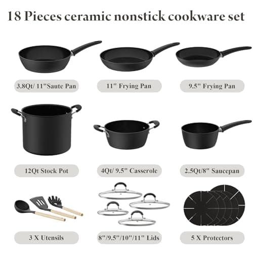 18 Pcs Pots and Pans Set Non Stick with 12-Quart Stock Pot, Nonstick Kitchen Cookware Sets with Utensils, Large Capacity Ceramic Cookware Set, PTFE/PFAS/PFOA Free, Black