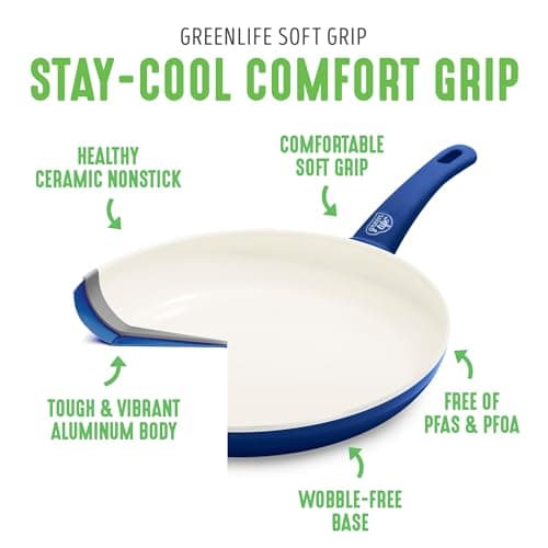 GreenLife 16 Piece Nonstick Cookware Set, Soft Grip Non-Toxic PFAS-Free Ceramic Pots & Pans, Dishwasher & Oven Safe, Frying, Sauce, Saute, Utensils, Glass Lids, Stay-Cool Handles, Wobble Free, Blue