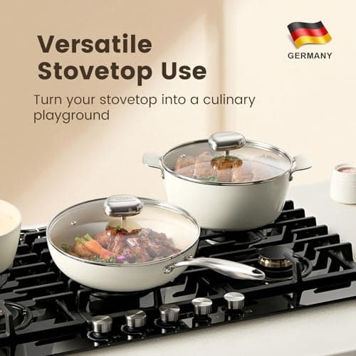 Non Stick Ceramic Cookware Set, Velosan Pebble Series Pots and Pans Set Non-toxic White Induction Cookware, with Frying Pan Saucepan Dutch Oven Wok, PFAS PTFE PFOA PFOS Free, Cream